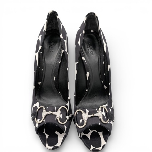 GUCCI Satin Crystal Horsebit Peep Toe Heels Sz 9 Black White LIKE NEW COA EU‎ 39 - Picture 3 of 11